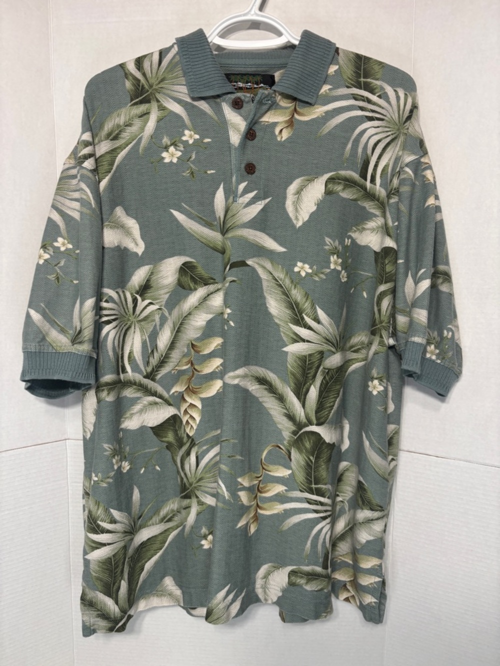 Hawaiian Reserve Collection Sage Green Tropical Leaf Print Polo Beach Shirt